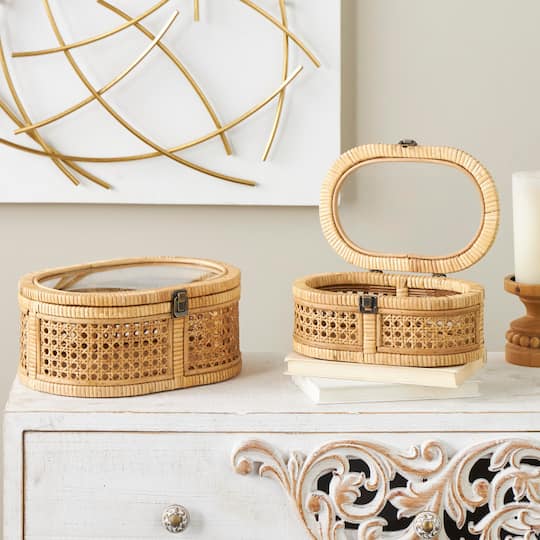 Brown Oval Rattan Storage Box Set with Pane Panels & Glass Tops